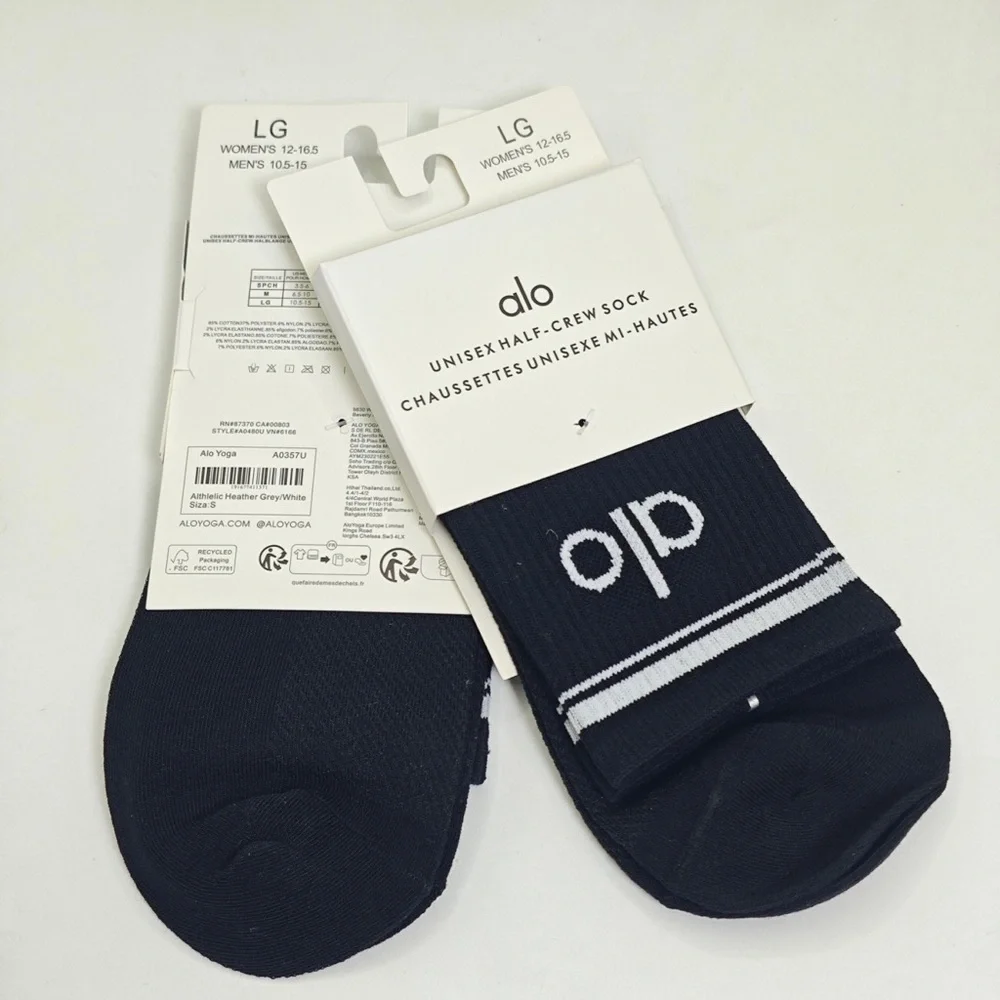 ALO Yoga Black Half-Crew Socks with White Logo and Stripes